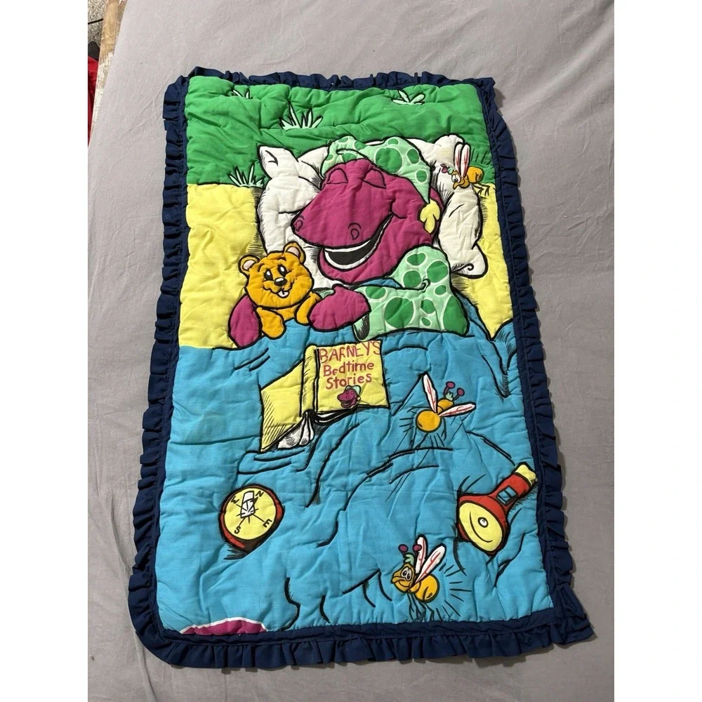 Vintage Barney‎ Barney's Bedtime Stories Quilt Crib Baby Blanket Plush 26x41